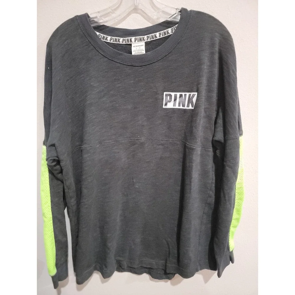 Victoria's‎ Secret PINK Sweatshirt Sz L Gray Neon Yellow Mesh Big Back Logo